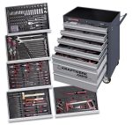 Carro de ferramentas equipado com 266 ferramentas profissionais, distribuídas por 7 gavetas