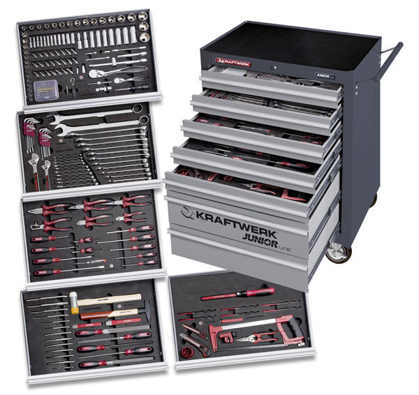 Carro de ferramentas equipado com 266 ferramentas profissionais, distribuídas por 7 gavetas