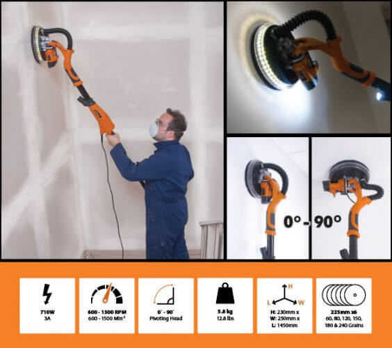 Lixadora telescópica e giratória para parede tectos + led – R225DWS – EVOLUTION